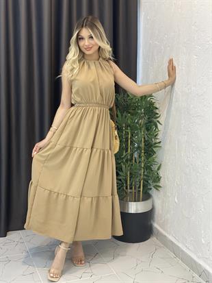 Camel Halter Yaka Beli Lastikli Elbise