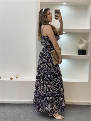 Çiçek Desen Askılı Şifon Elbise