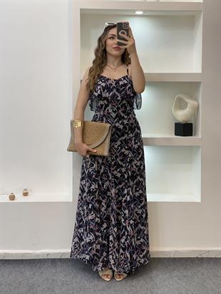 Çiçek Desen Askılı Şifon Elbise