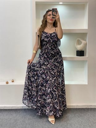 Çiçek Desen Askılı Şifon Elbise