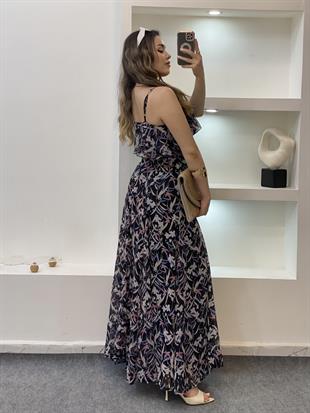 Çiçek Desen Askılı Şifon Elbise