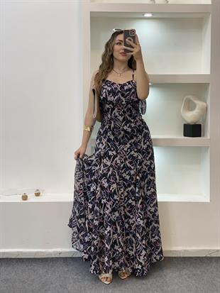 Çiçek Desen Askılı Şifon Elbise