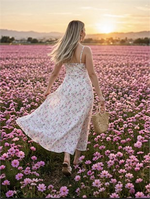 Çiçek Desenli Beyaz Floral Elbise 