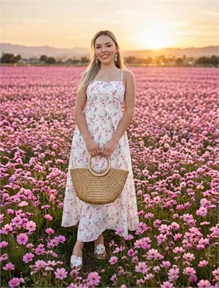Çiçek Desenli Beyaz Floral Elbise 
