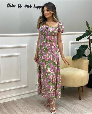 Çiçek Desenli Önü Bağlamalı Model Elbise