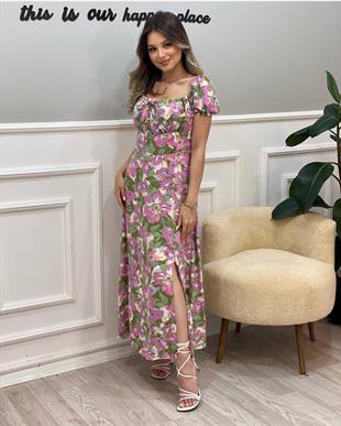 Çiçek Desenli Önü Bağlamalı Model Elbise