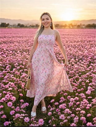 Çiçek Desenli Pembe Floral Elbise 
