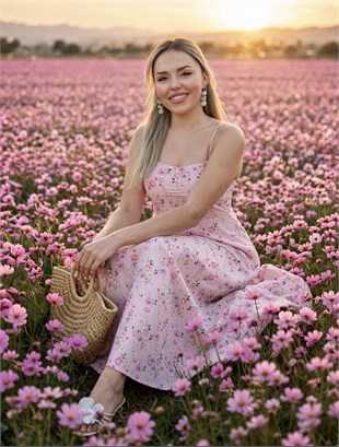 Çiçek Desenli Pembe Floral Elbise 