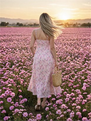 Çiçek Desenli Pembe Floral Elbise 