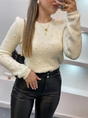 Ekru Dağınık İncili Yumoş Dokulu Kazak