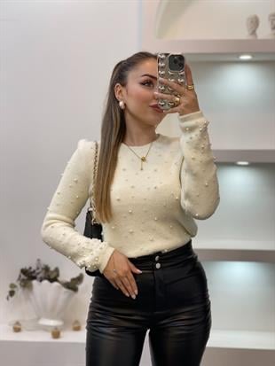 Ekru Dağınık İncili Yumoş Dokulu Kazak