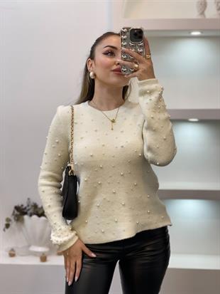 Ekru Dağınık İncili Yumoş Dokulu Kazak