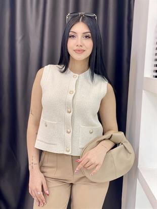 Ekru Gold Düğmeli Premium Triko