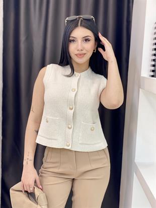 Ekru Gold Düğmeli Premium Triko