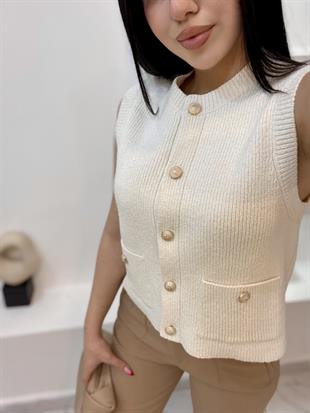 Ekru Gold Düğmeli Premium Triko