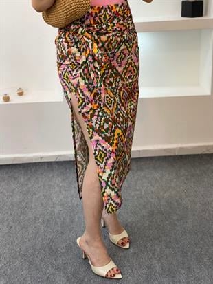 Etnik Desenli Baglamalı Model Keten Etek