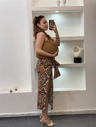 Etnik Desenli Baglamalı Model Keten Etek