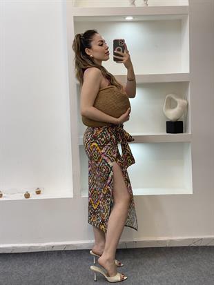Etnik Desenli Baglamalı Model Keten Etek