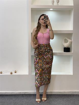 Etnik Desenli Baglamalı Model Keten Etek