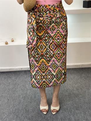 Etnik Desenli Baglamalı Model Keten Etek