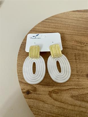 Gold Beyaz Oval Küpe 