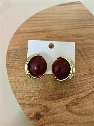 Gold Bordo Mineli Düğme Model Küpe