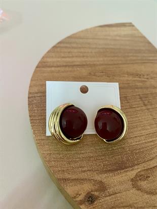 Gold Bordo Mineli Düğme Model Küpe