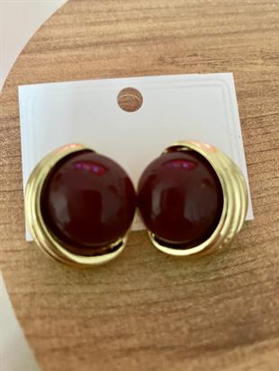 Gold Bordo Mineli Düğme Model Küpe