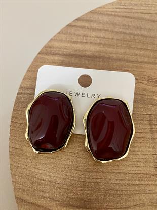 Gold Bordo Mineli Geometrik Küpe 
