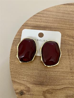 Gold Bordo Mineli Geometrik Küpe 