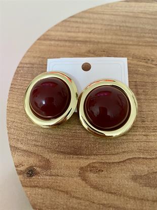 Gold Bordo Mineli Yuvarlak Küpe 