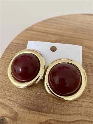 Gold Bordo Mineli Yuvarlak Küpe 