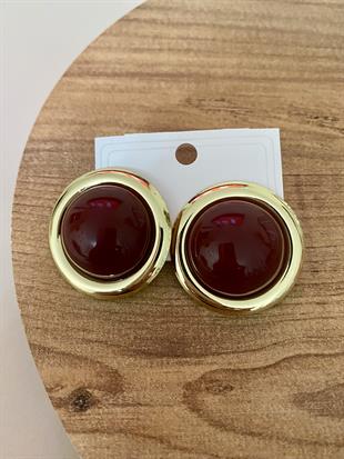 Gold Bordo Mineli Yuvarlak Küpe 