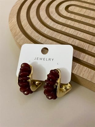Gold Bordo Mini Halka Detaylı Küpe 