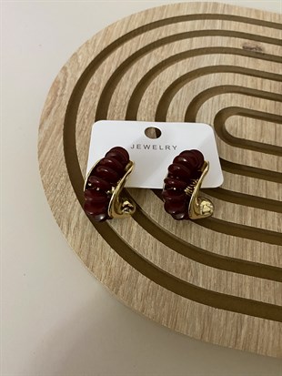 Gold Bordo Mini Halka Detaylı Küpe 