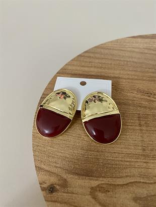 Gold Bordo Oval Plaka Küpe