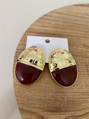 Gold Bordo Oval Plaka Küpe