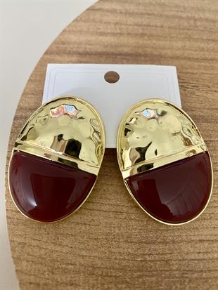 Gold Bordo Oval Plaka Küpe