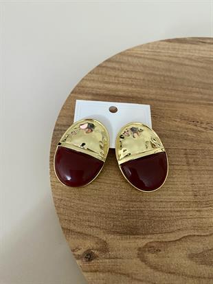 Gold Bordo Oval Plaka Küpe