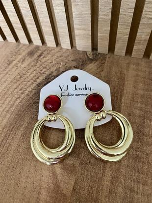 Gold Bordo Taşlı Marka Model Halka Küpe