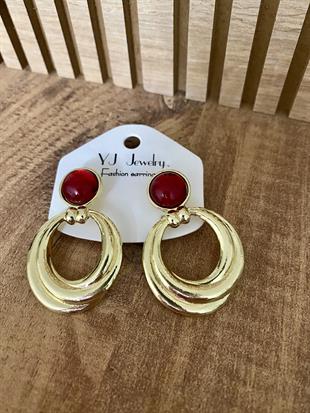 Gold Bordo Taşlı Marka Model Halka Küpe