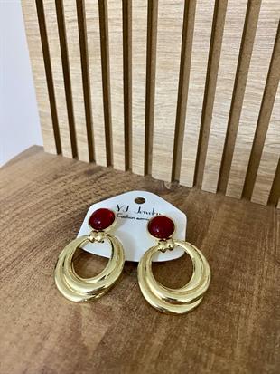 Gold Bordo Taşlı Marka Model Halka Küpe