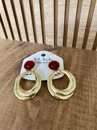 Gold Bordo Taşlı Marka Model Halka Küpe