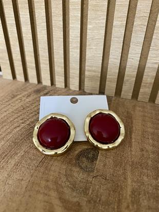 Gold Bordo Taşlı Marka Model Yuvarlak Küpe