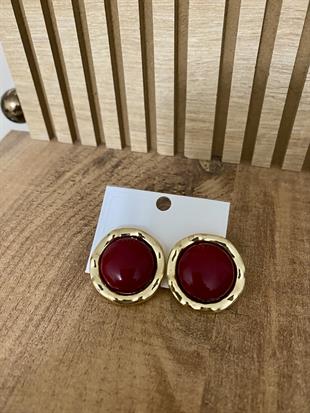 Gold Bordo Taşlı Marka Model Yuvarlak Küpe