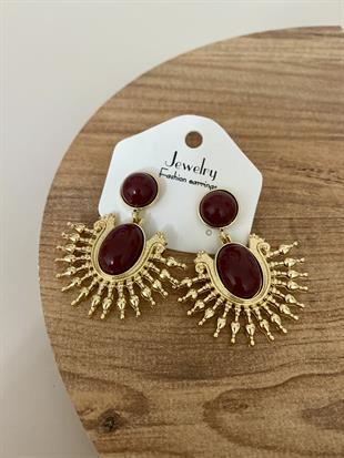 Gold Bordo Taşlı Sallantılı Vintage Küpe