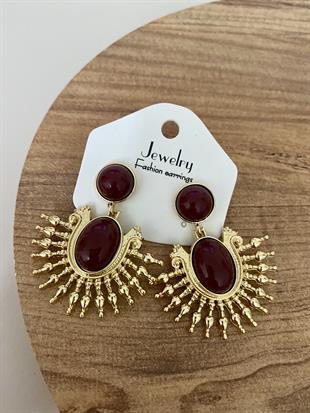 Gold Bordo Taşlı Sallantılı Vintage Küpe