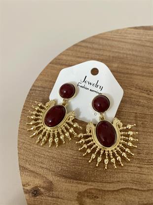 Gold Bordo Taşlı Sallantılı Vintage Küpe