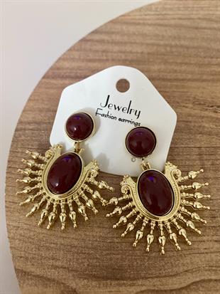 Gold Bordo Taşlı Sallantılı Vintage Küpe