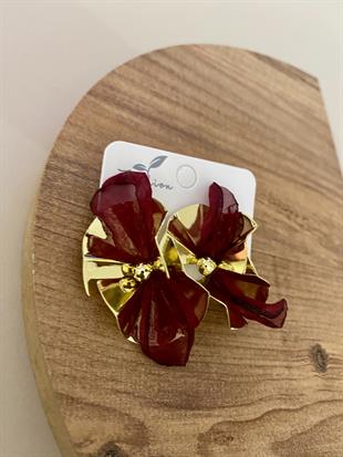 Gold Bordo Tül Detay Tasarım Küpe